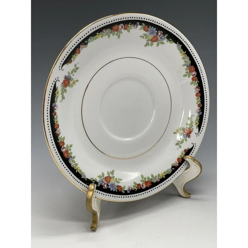 Vintage Lynns Fine China Gold Rim Black‎ Floral Saucer Plate
